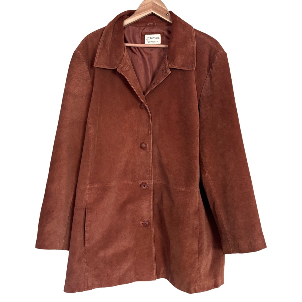 Vintage St Johns Bay Washable Suede Rust Leather Button Coat. 27” pit to pit XXL